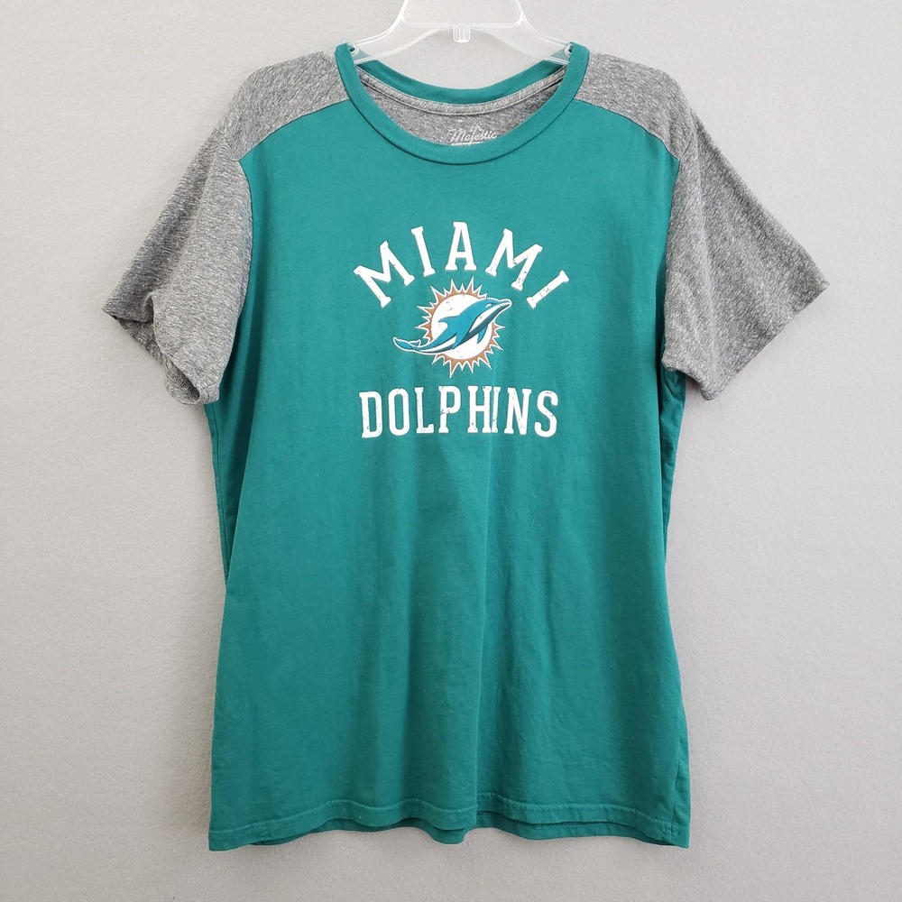Majestic Threads Miami Dolphins NFL TShirt Womens XL Aqua Gray Raglan Cotton USA